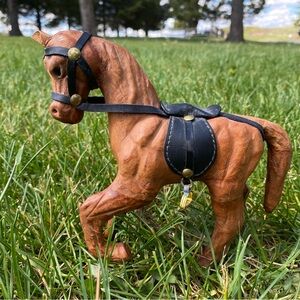 Vintage Equestrian Leather Wrapped Horse Statue Steed Figure w/ Saddle 8”